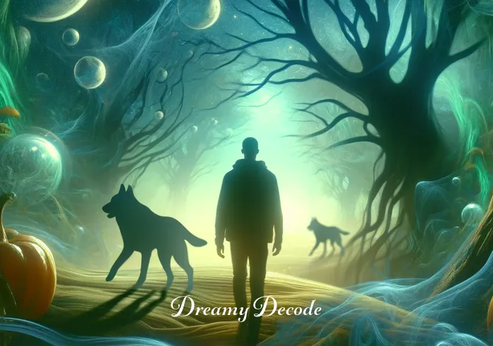 spiritual meaning of dog bite in dream _ Person in dream state, walking in a mystical forest, with faint shadows of dogs in the distance.