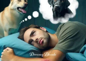 spiritual meaning of dog bite in dream _ Dreamer waking up abruptly, holding their arm where the dog bit, with a thoughtful expression, pondering the spiritual significance of the experience.