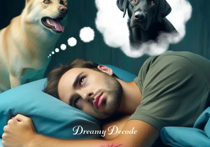 spiritual meaning of dog bite in dream _ Dreamer waking up abruptly, holding their arm where the dog bit, with a thoughtful expression, pondering the spiritual significance of the experience.