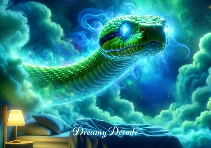 spiritual meaning of snake bite in dream _ A vibrant snake emerging from the dream clouds, its eyes glowing with a mystical aura.