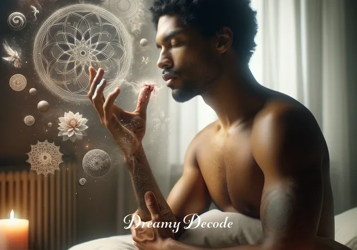 spiritual meaning of snake bite in dream _ The dreamer waking up with a contemplative expression, holding the bitten hand and surrounded by spiritual symbols.