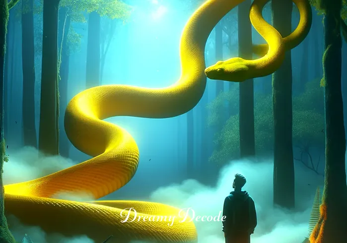 yellow snake bite dream meaning _ Dreamer encountering a vibrant yellow snake in a dense forest.