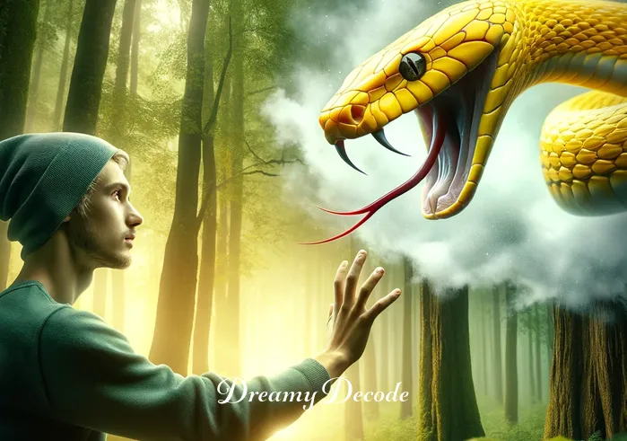 yellow snake bite dream meaning _ Dreamer reaching out, the yellow snake preparing to strike.