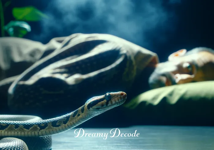 snake biting dream meaning _ Snake approaching the dreamer with caution, eyes focused.