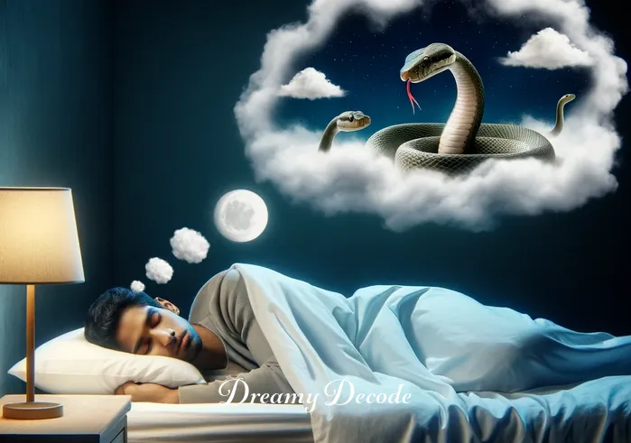 snake biting in dream meaning _ A person sleeping peacefully with dream clouds showing a snake.