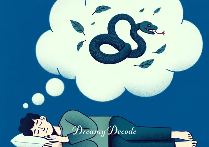 snake biting you in dream meaning _ A person peacefully sleeping with a dream cloud above showing a coiled snake.