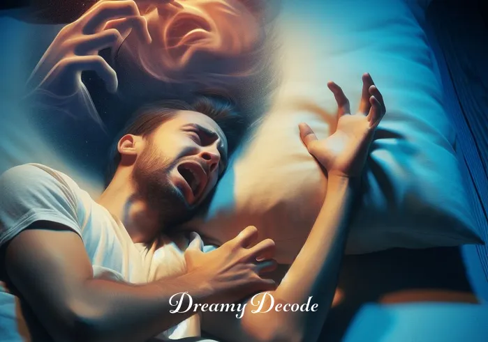 snake biting you in dream meaning _ The dreamer waking up in distress, clutching their hand with a concerned expression.