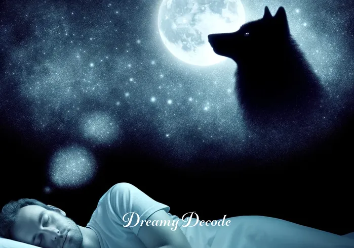 big black wolf dream meaning _ A dreamer lying in bed, eyes closed, with a faint silhouette of a large black wolf hovering over them.
