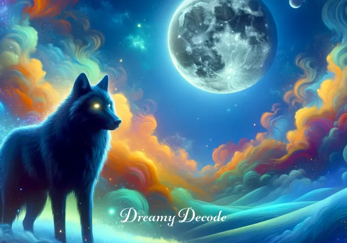 big black wolf dream meaning _ A vivid dreamscape featuring a big black wolf standing majestically on a moonlit hill, eyes glowing.