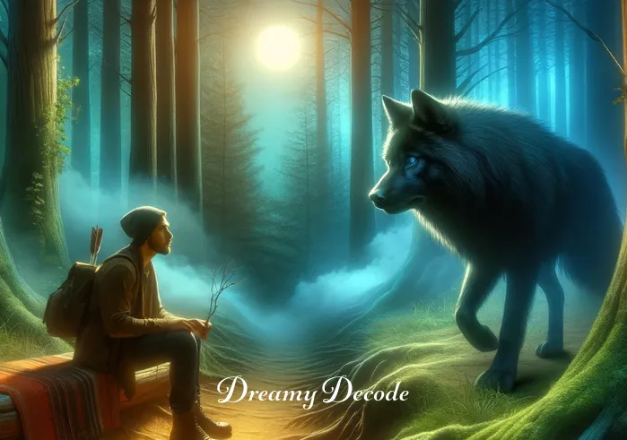 big black wolf dream meaning _ The dreamer interacting cautiously with the black wolf in a dense forest, indicating a moment of understanding or realization.