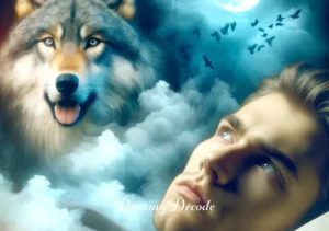 big black wolf dream meaning _ The dreamer waking up, looking contemplative, with a faded image of the wolf in the background, symbolizing reflection on the dream's meaning.