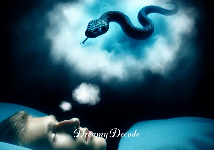 black and blue snake dream meaning _ A dreamer lying in bed, eyes closed, with the faint silhouette of a black and blue snake appearing in their thoughts.