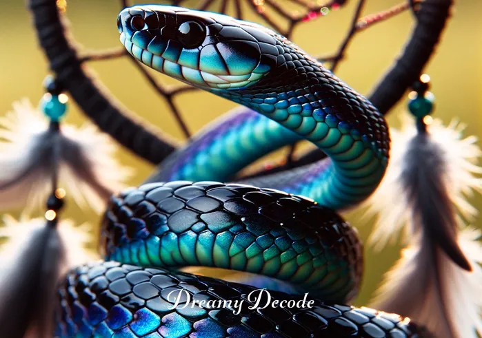 black and blue snake dream meaning _ A close-up of a black and blue snake, its vibrant colors shimmering, coiling around a dreamcatcher.