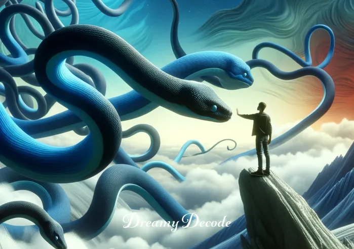black and blue snake dream meaning _ The dreamer standing in a surreal landscape, reaching out cautiously to touch the black and blue snake, symbolizing confrontation of fears.