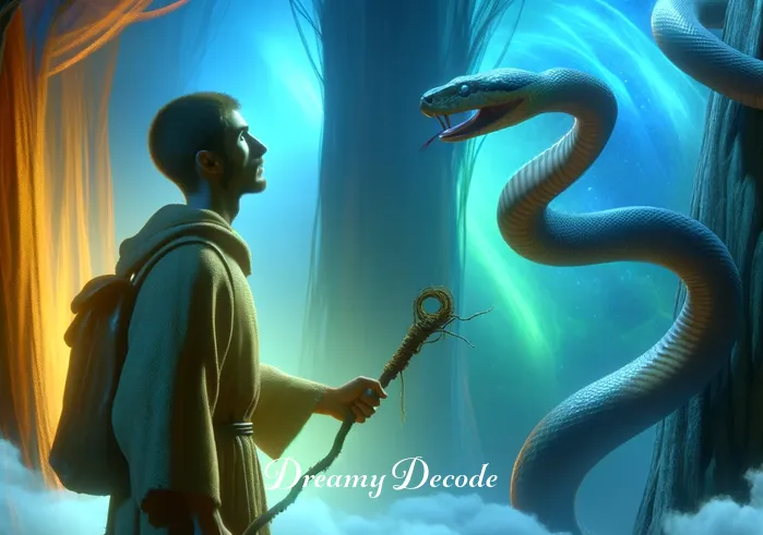 black and green snake dream meaning _ The dreamer, now standing in the dream forest, cautiously observing the snake from a distance, with a curious yet apprehensive expression.