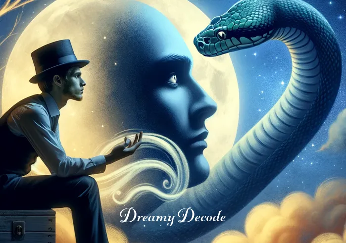 black and green snake dream meaning _ The dreamer and snake making eye contact, symbolizing confrontation and understanding, against a backdrop of the moonlit night.