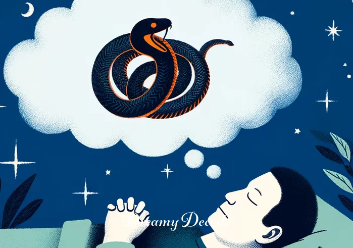 black and orange snake dream meaning _ A person peacefully sleeping with a dream cloud showing a coiled black and orange snake.