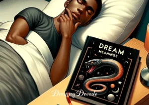 black and orange snake dream meaning _ The dreamer waking up, looking thoughtful and reaching for a journal titled "Dream Meanings" with an illustration of the same black and orange snake on the cover.