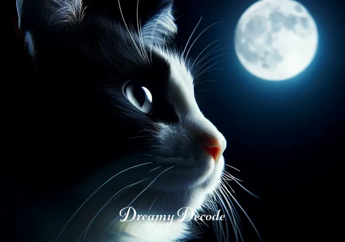 black and white cat dream meaning _ A black and white cat gazing deeply into the distance under a moonlit night.