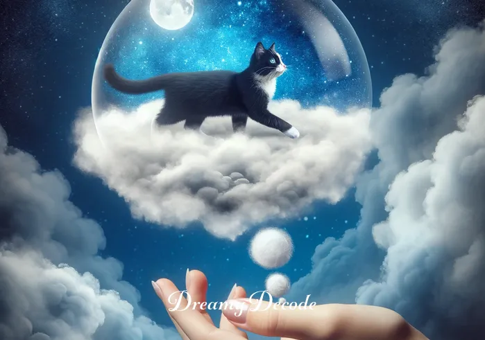 black and white cat dream meaning _ A dream bubble emerging from the dreamer, containing a black and white cat walking on a cloud.