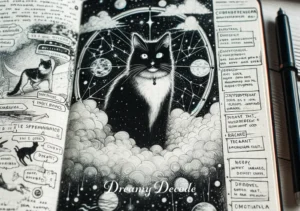 black and white cat dream meaning _ An open dream journal with a detailed sketch of a black and white cat and annotations about its symbolic meaning.