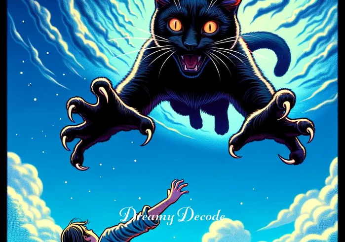 black cat attack dream meaning _ The black cat launching an unexpected attack towards the dreamer, with sharp claws outstretched and intense gaze.