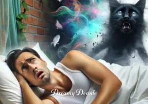 black cat attack dream meaning _ The dreamer waking up in a cold sweat, looking alarmed, symbolizing the aftermath of the black cat attack dream.