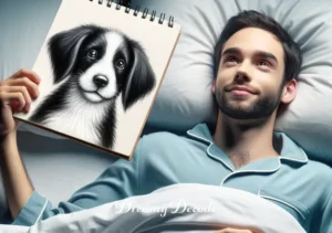 black and white dog dream meaning _ The same person waking up in their bed, with a serene expression on their face, holding a sketchbook with a drawing of the black and white dog, signifying reflection on the dream's meaning.