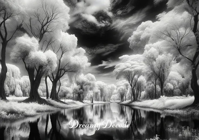 black and white dream meaning _ A surreal landscape with prominent black and white contrasts; trees with white leaves and black trunks, and a river reflecting the monochrome sky.