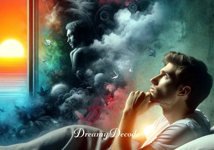 black and white dream meaning _ A dreamer waking up, looking contemplative, with a juxtaposition of a colorful sunrise outside the window and a fading black and white dream scene behind them.