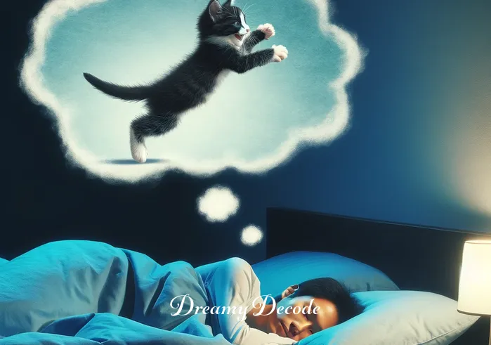 black and white kitten dream meaning _ A person peacefully sleeping with a thought bubble depicting a black and white kitten playing.