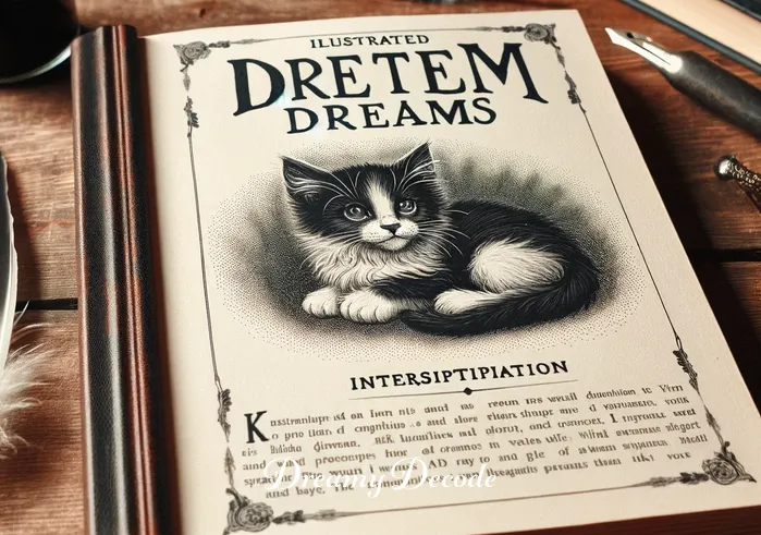 black and white kitten dream meaning _ An illustrated dream dictionary opened to a page titled "Kitten Dreams", highlighting the interpretation of seeing a black and white kitten.
