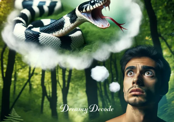 black and white snake dream meaning _ Dreamer standing in a forest, eyes widened, as a black and white snake slithers nearby.