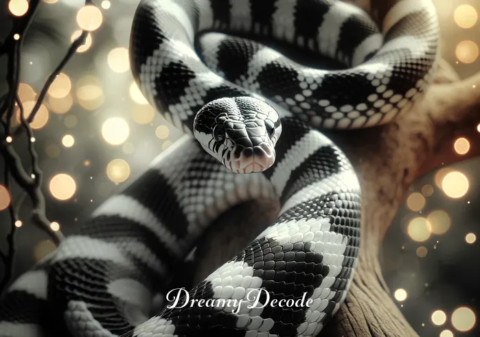 black and white snake dream meaning _ The black and white snake coiling around a tree branch, its eyes fixated on the dreamer.