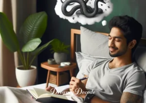 black and white snake dream meaning _ Dreamer waking up in bed, looking relieved with a journal in hand, writing about the snake dream.