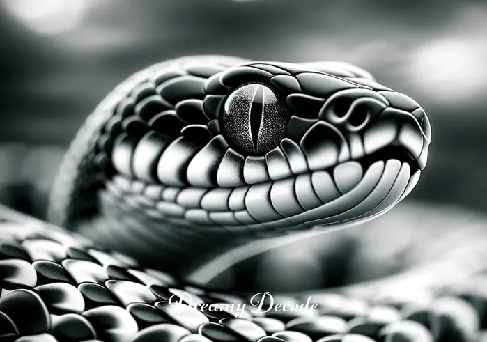 black and white snake dream meaning in islam _ A close-up of the black and white snake from the dream, its eyes intensely focused.