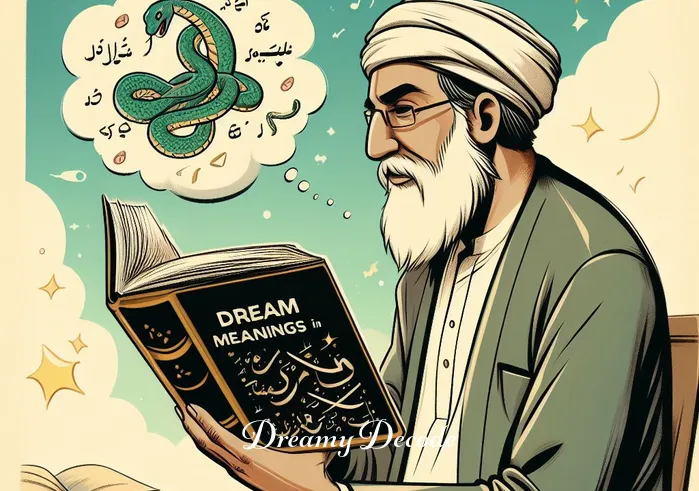 black and white snake dream meaning in islam _ An Islamic scholar reading a book titled "Dream Meanings in Islam", with a snake illustration on the page.