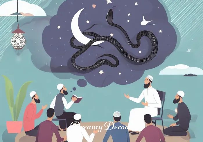black and white snake dream meaning in islam _ A group of people engaged in a discussion about the significance of dreaming about a black and white snake in Islamic tradition.