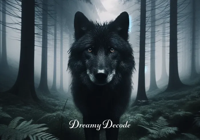 black and white wolf dream meaning _ A black wolf standing alone in a dense, misty forest, its eyes piercing the fog, symbolizing mystery and introspection.