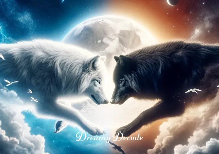 black and white wolf dream meaning _ A white wolf joining the black wolf, representing unity, duality, and balance in dream interpretation.