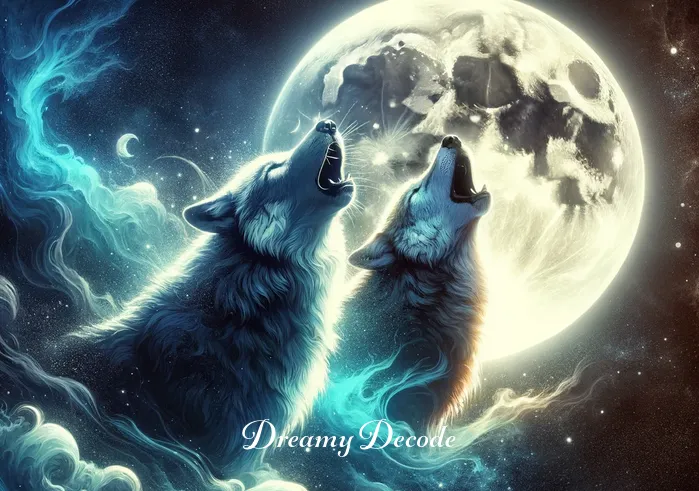 black and white wolf dream meaning _ Both wolves howling together under a full moon, conveying a sense of communication, connection, and understanding in the realm of dreams.