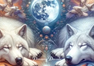 black and white wolf dream meaning _ The two wolves peacefully resting side by side, hinting at resolution, harmony, and the culmination of the dream's message.