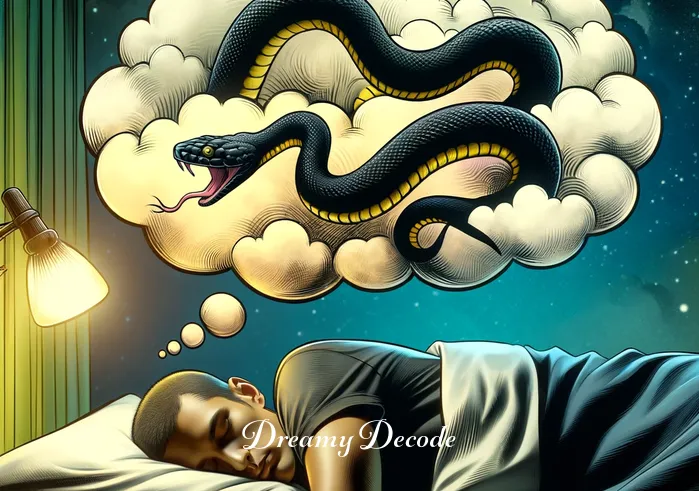 black and yellow snake dream meaning _ A person sleeping peacefully with dream clouds showing a black and yellow snake.