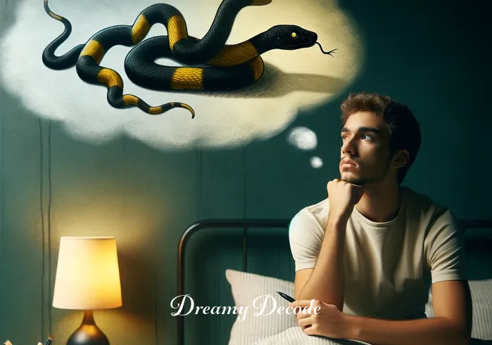 black and yellow snake dream meaning _ The dreamer waking up, looking thoughtful, with a journal and pen nearby, ready to interpret the snake dream.