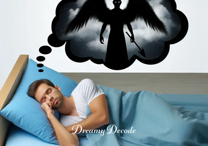 black angel in dream meaning _ A person asleep in bed, dream bubbles showing the black angel approaching.