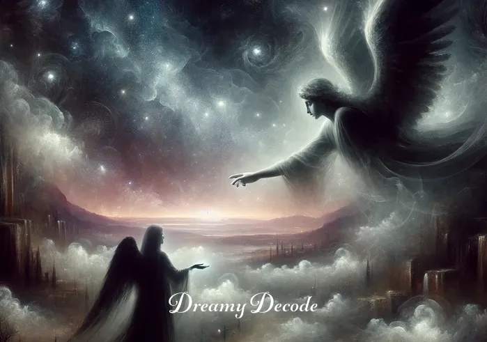 black angel in dream meaning _ The black angel offering a guiding hand to the dreamer amidst a mystic landscape.