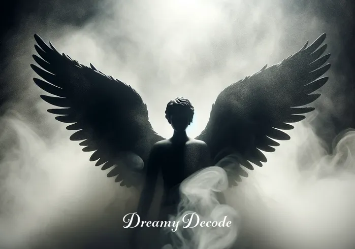 black angel meaning in dream _ A shadowy black angel figure emerging from a misty background, wings outspread.