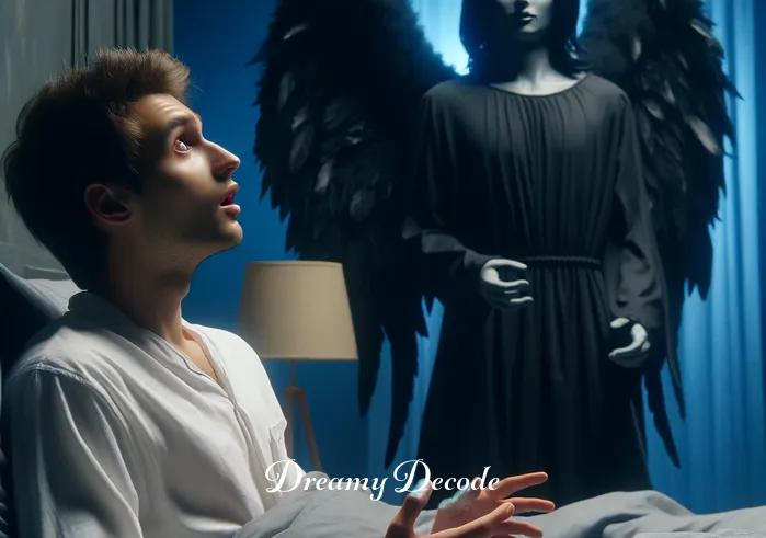 black angel meaning in dream _ The dreamer sitting up, eyes wide, engaging with the black angel in deep conversation.