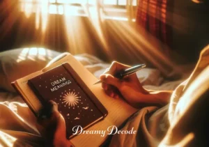 black angel meaning in dream _ The dreamer waking up, sunlight streaming in, jotting down the dream in a journal titled "Dream Meanings".