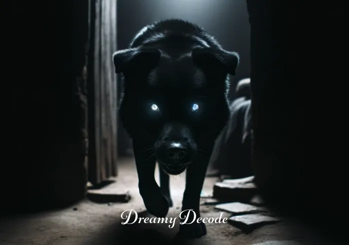 black dog attack dream meaning _ A menacing black dog emerging from the shadows, eyes glowing.